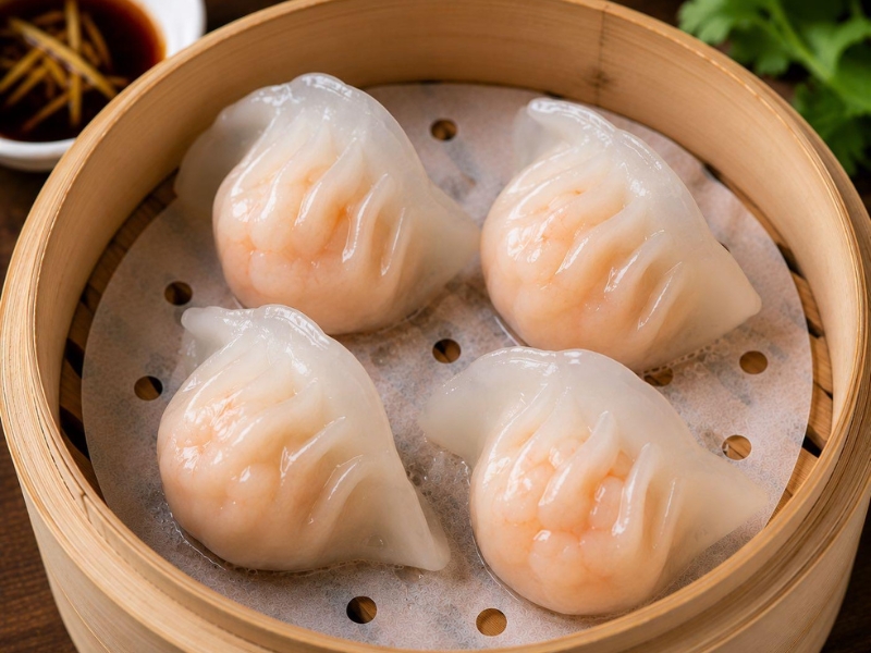 Translucent classic crystal shrimp dumplings in bamboo steamer at Jing Dumpling Dimsum House, a Chinese Restaurant in Fort Collins