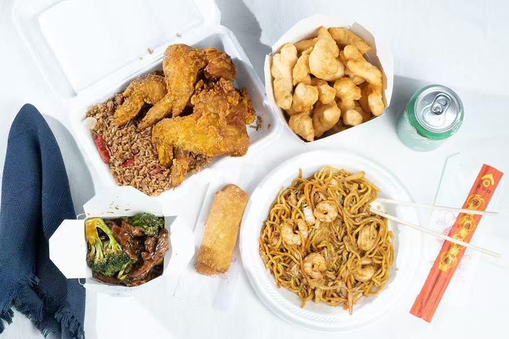 Chinese takeout family meal platter at Jin Jin Restaurant，a Chinese Restaurant in Spartanburg