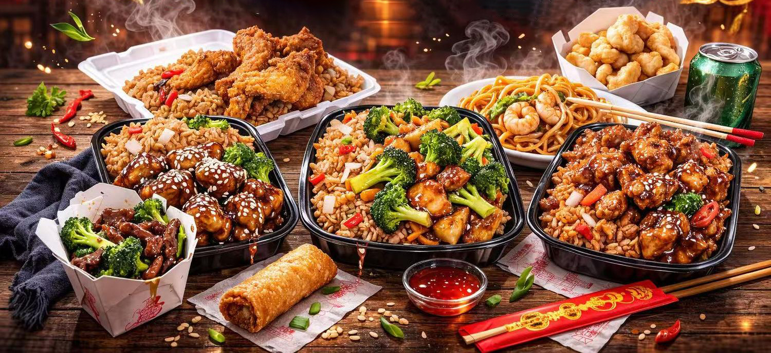 Assorted Chinese takeout dishes platter with fried chicken, stir-fries, fried rice, egg roll and noodles at Jin Jin Restaurant，a Chinese Restaurant in Spartanburg