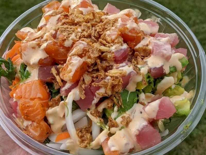Jin-Poke-Asian-Restaurant-Build-your-own-(2)-Seminole A bowl with tuna, salmon, and toppings at Jin Poke, a Asian Restaurant in Seminole
