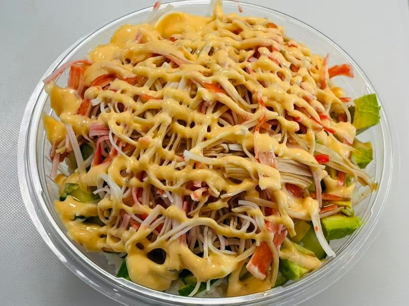 Jin-Poke-Asian-Restaurant-Crabmeat-Classic-Seminole A bowl with crabmeat, avocado, and sauce at Jin Poke, a Asian Restaurant in Seminole