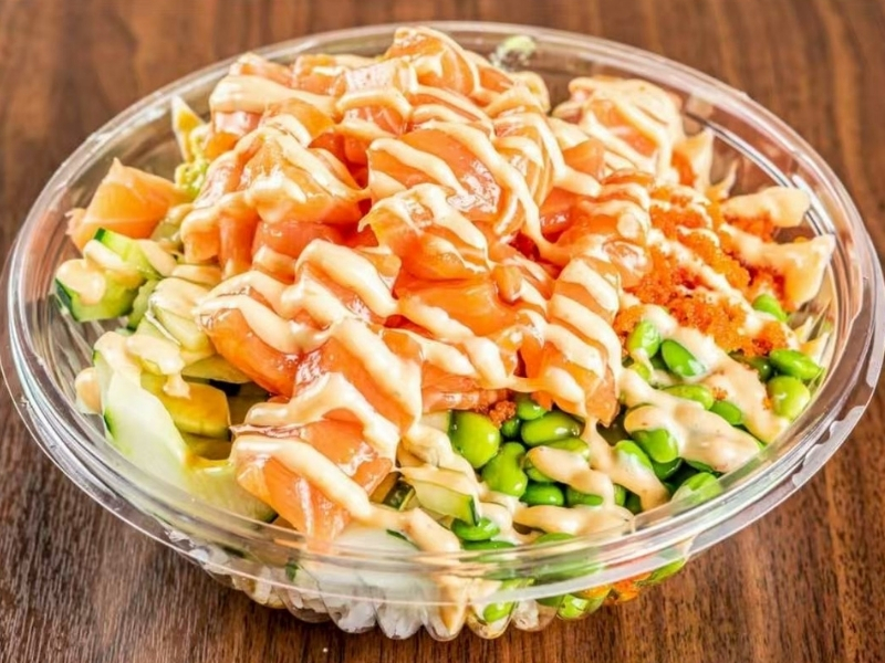 Jin-Poke-Asian-Restaurant-Hawaiian-Classic-Seminole A bowl with salmon, edamame, and sauce at Jin Poke, a Asian Restaurant in Seminole