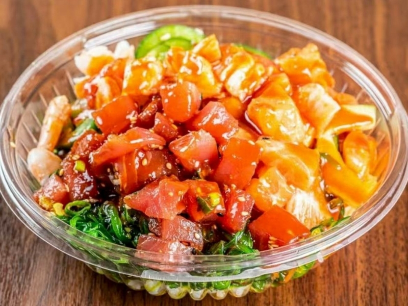 Jin-Poke-Asian-Restaurant-The-Volcano-Seminole A bowl with tuna, salmon, and greens at Jin Poke, a Asian Restaurant in Seminole