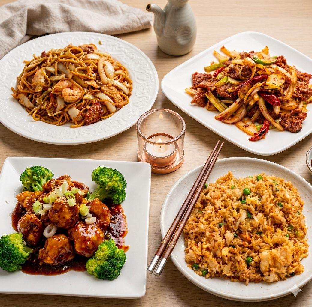 Assorted Chinese Dishes Featuring Chow Mein, Fried Rice, Crispy Chicken and Spicy Beef Stir Fry on a Dining Table