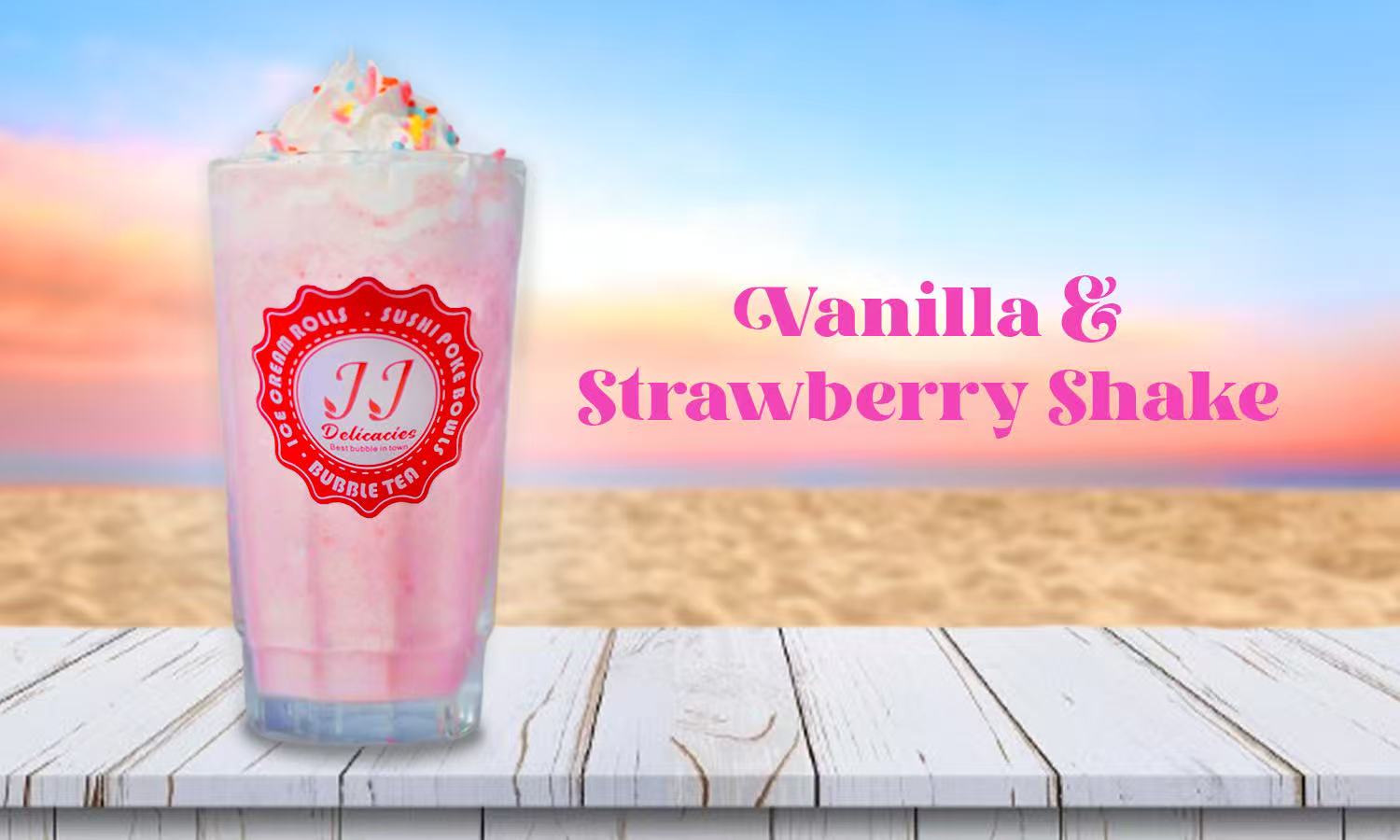 Vanilla & Strawberry Shake, a pink creamy drink topped with whipped cream and sprinkles at JJ Delicacies，a Asian Fusion Restaurant in Red Bank