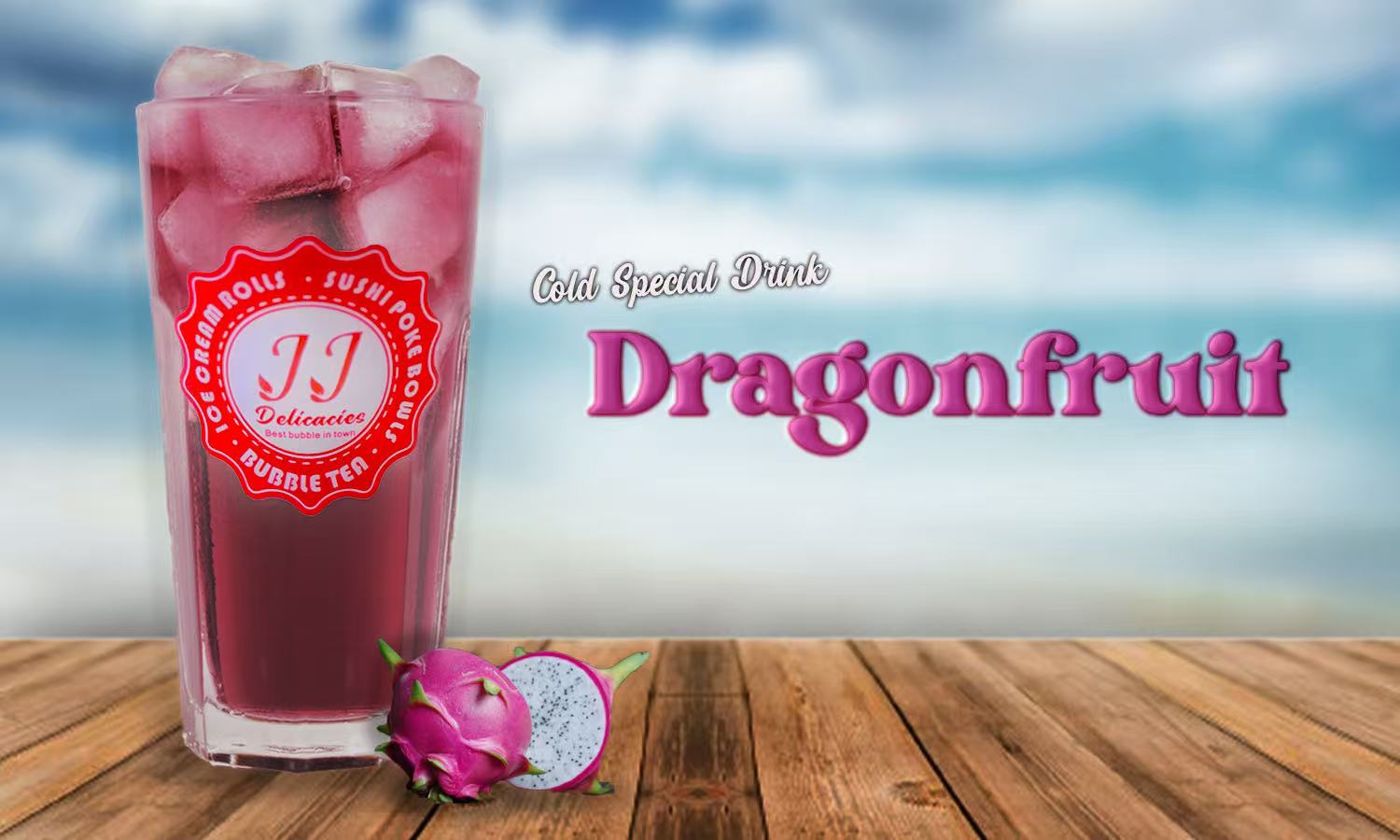 Dragonfruit cold special drink, a vibrant pink beverage with ice cubes at JJ Delicacies，a Asian Fusion Restaurant in Red Bank