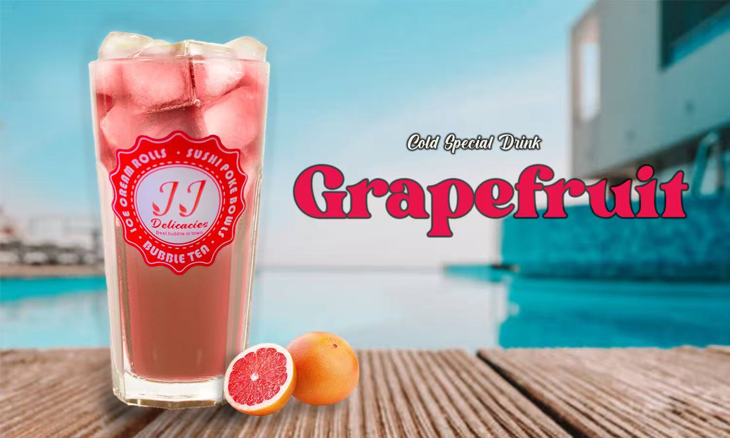 Grapefruit cold special drink, a pinkish - red beverage with ice cubes at JJ Delicacies，a Asian Fusion Restaurant in Red Bank