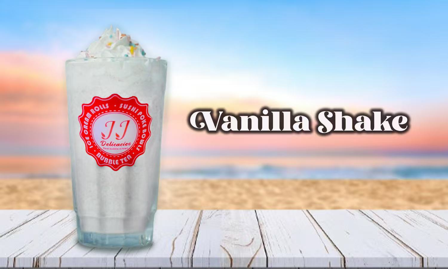 Vanilla Shake, a white creamy drink topped with whipped cream and sprinkles at JJ Delicacies，a Asian Fusion Restaurant in Red Bank