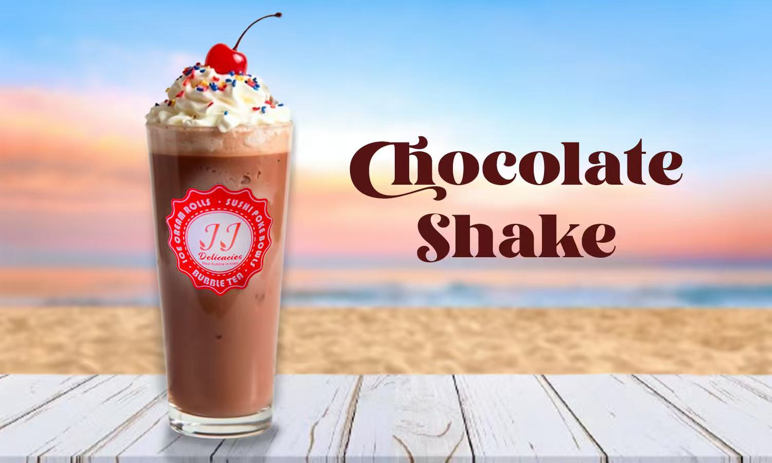 Chocolate Shake topped with whipped cream, sprinkles, and a cherry at JJ Delicacies，a Asian Fusion Restaurant in Red Bank