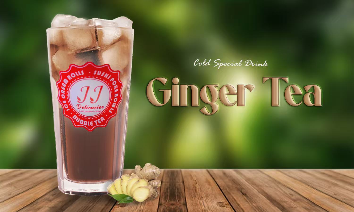 Ginger Tea cold special drink, a brown beverage with ice cubes at JJ Delicacies，a Asian Fusion Restaurant in Red Bank
