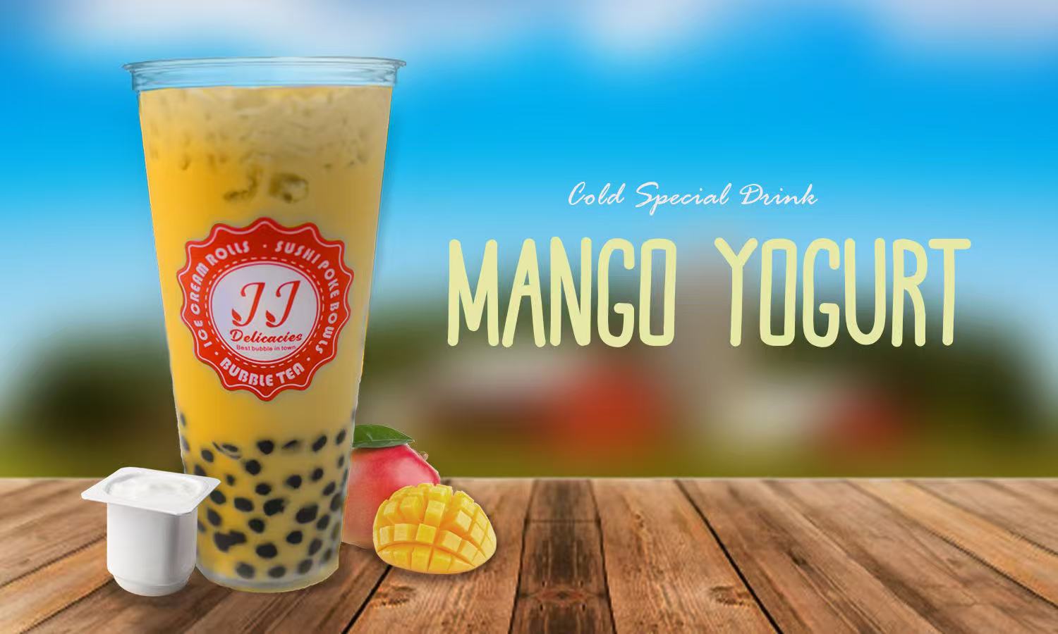 Mango Yogurt cold special drink, a yellow beverage with tapioca pearls at JJ Delicacies，a Asian Fusion Restaurant in Red Bank