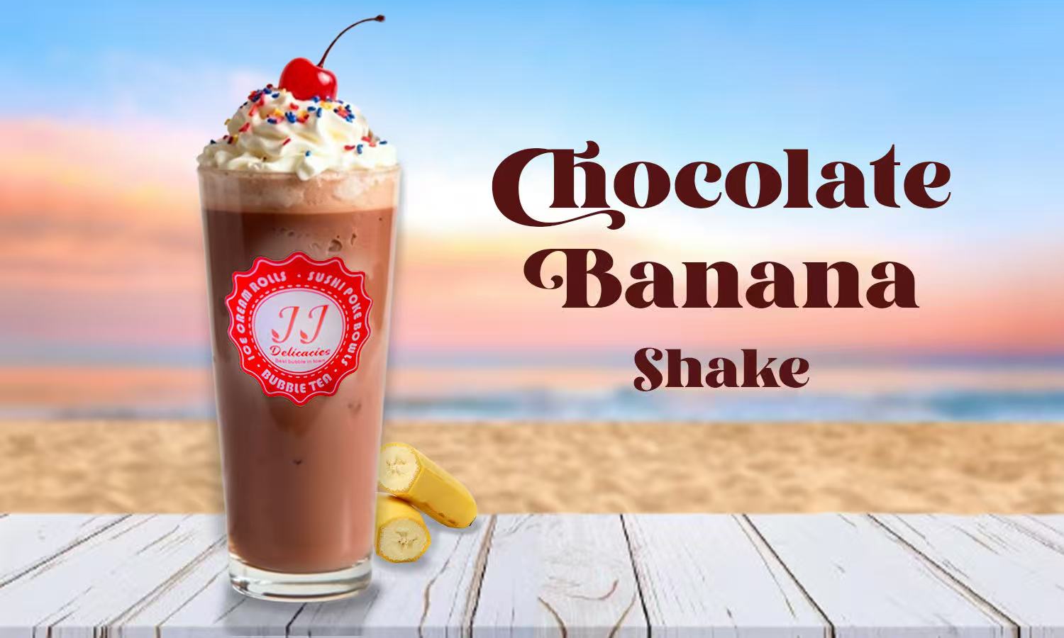 Chocolate Banana Shake topped with whipped cream, sprinkles, and a cherry at JJ Delicacies，a Asian Fusion Restaurant in Red Bank
