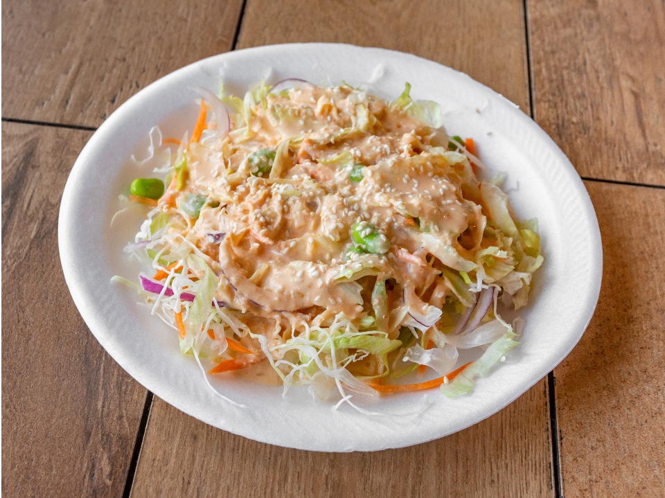 JJ-Hawaiian-BBQ-Hawaiian-restaurant-Fresh-Mix-Salad-Porterville Shredded lettuce, shredded cabbage, carrots, onions edamame & toasted black sesame & our house dressing. at JJ Hawaiian BBQ, a Hawaiian restaurant in Porterville