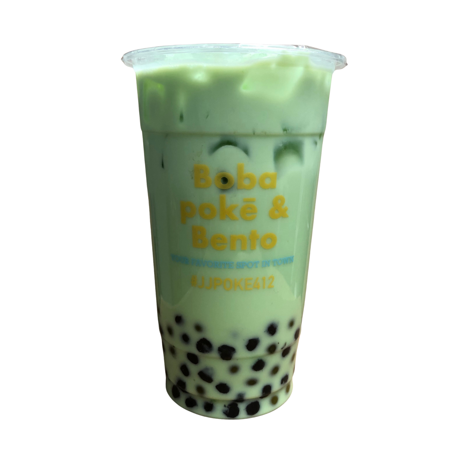 Smooth matcha milk tea with boba at JJ Poke Bowl & Taiwanese Bubble Tea Store in Pittsburgh.