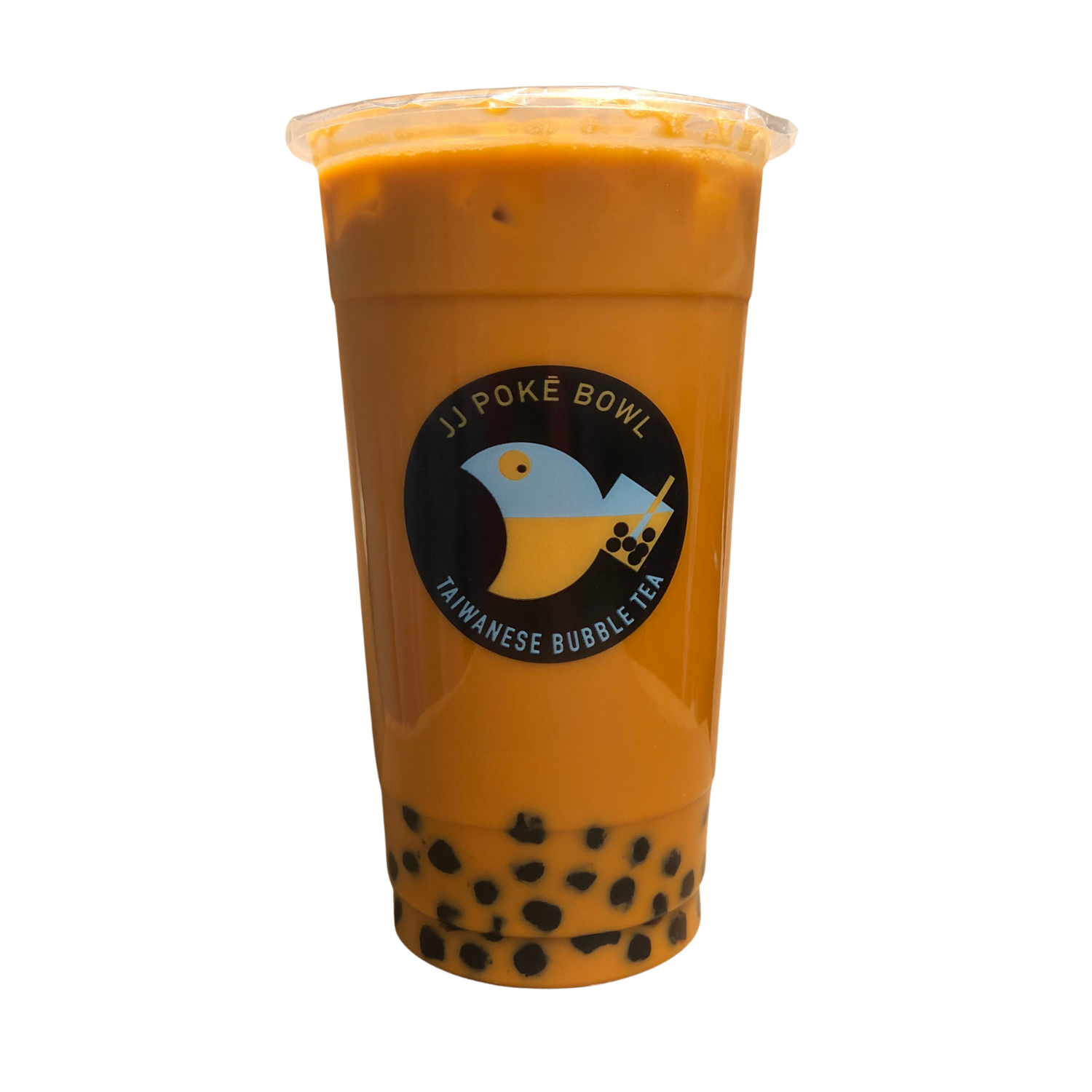 Creamy Thai milk tea with boba at JJ Poke Bowl & Taiwanese Bubble Tea Store in Pittsburgh.