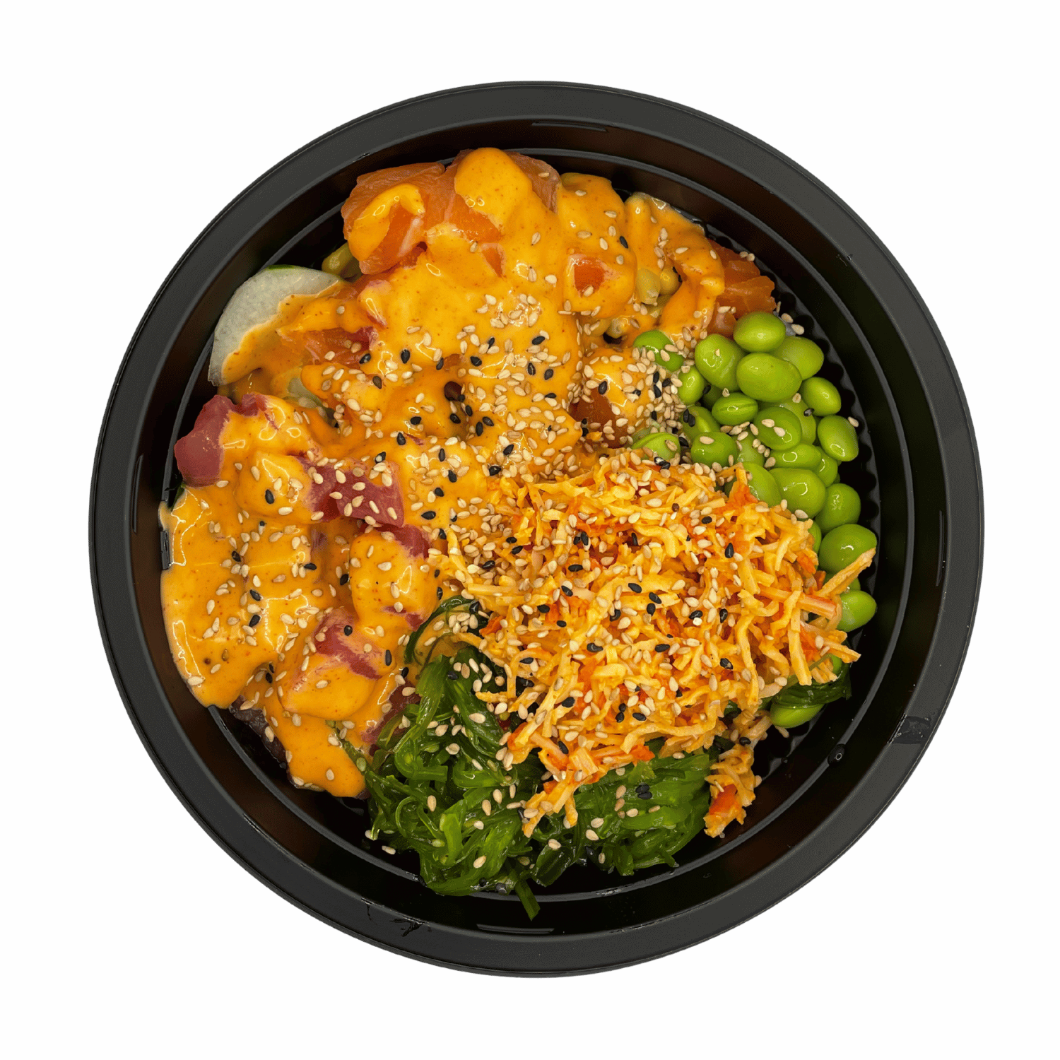 Poke bowl with spicy mango sauce, seaweed, edamame and crispy crunch at JJ Poke Bowl & Taiwanese Bubble Tea Store in Pittsburgh