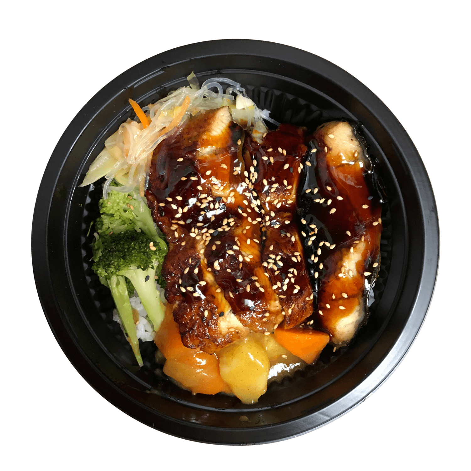 Rice bowl with teriyaki eel, broccoli, pickled cabbage and curry veggies at JJ Poke Bowl & Taiwanese Bubble Tea Store in Pittsburgh