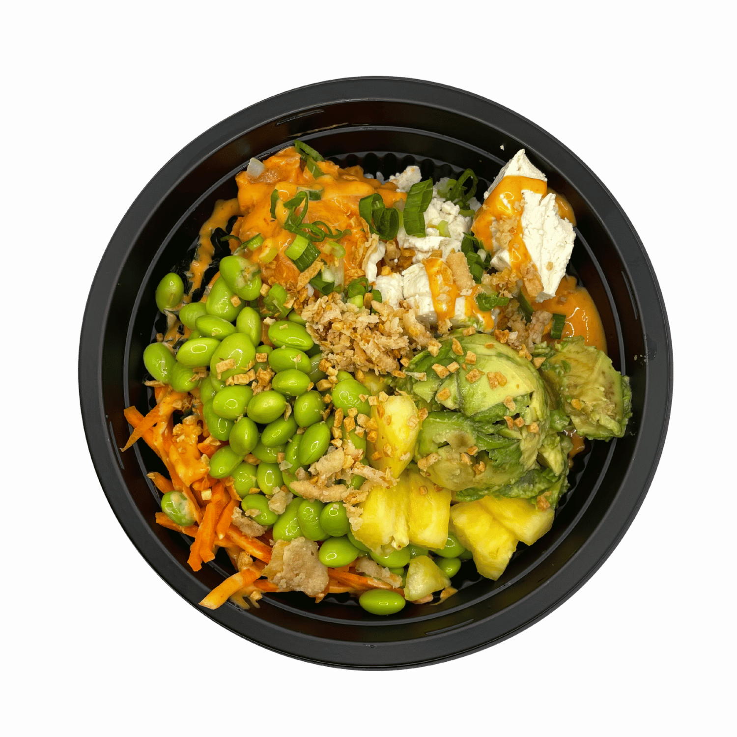 Veggie poke bowl with avocado, pineapple, edamame and spicy sauce at JJ Poke Bowl & Taiwanese Bubble Tea Store in Pittsburgh