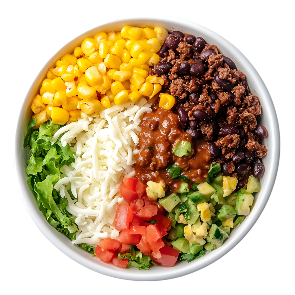 Colorful Mexican bowl with lettuce, corn, shredded cheese, diced tomatoes, black beans, seasoned ground beef, avocado mix, and sauce at Joe's Yummy Bowl，a Asian Restaurant in Flint