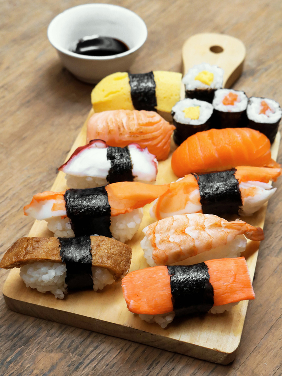 Assorted nigiri sushi with salmon, shrimp, and fresh seafood