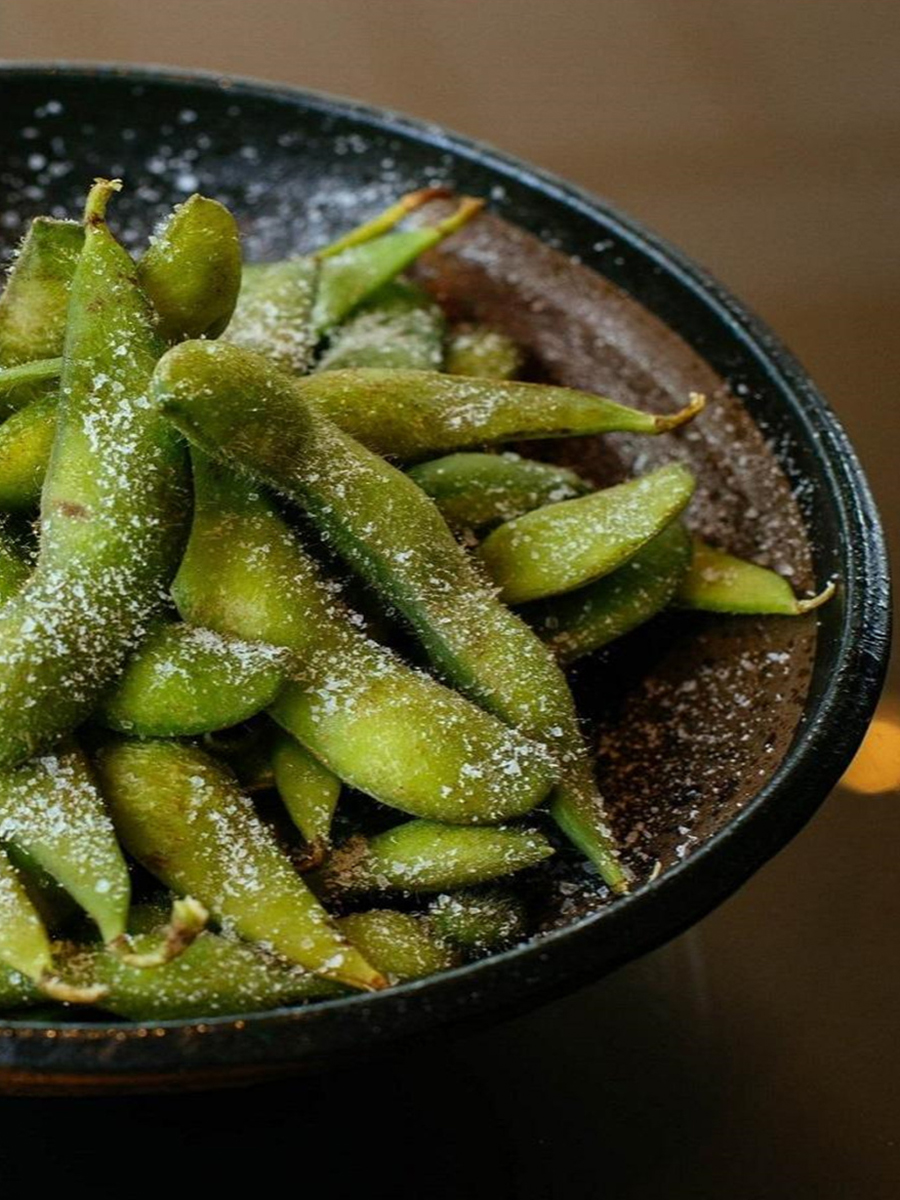 Seasoned edamame appetizer served