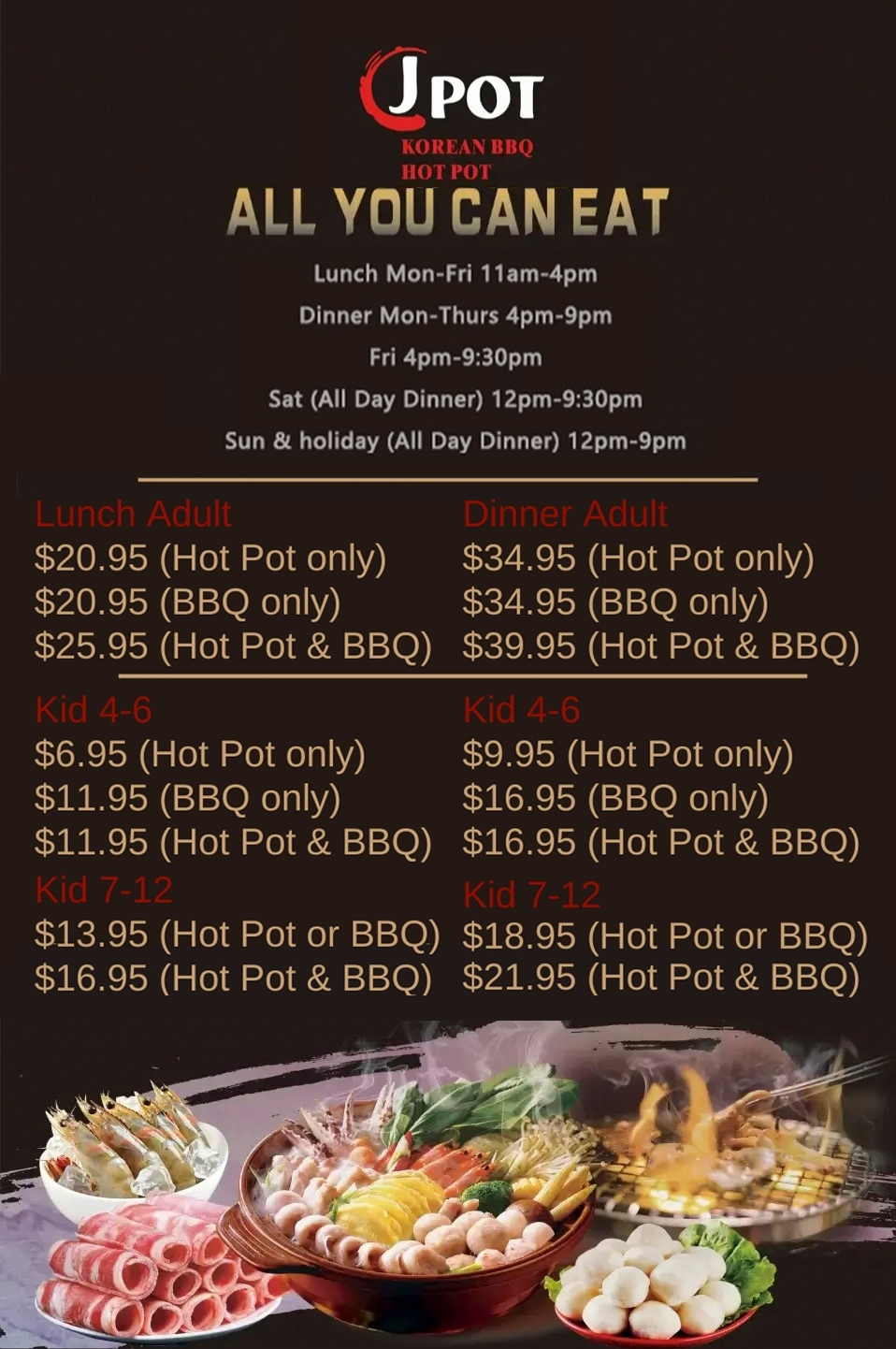 Pricing for Jpot Korean BBQ Hot Pot, detailing lunch and dinner rates for adults and kids.