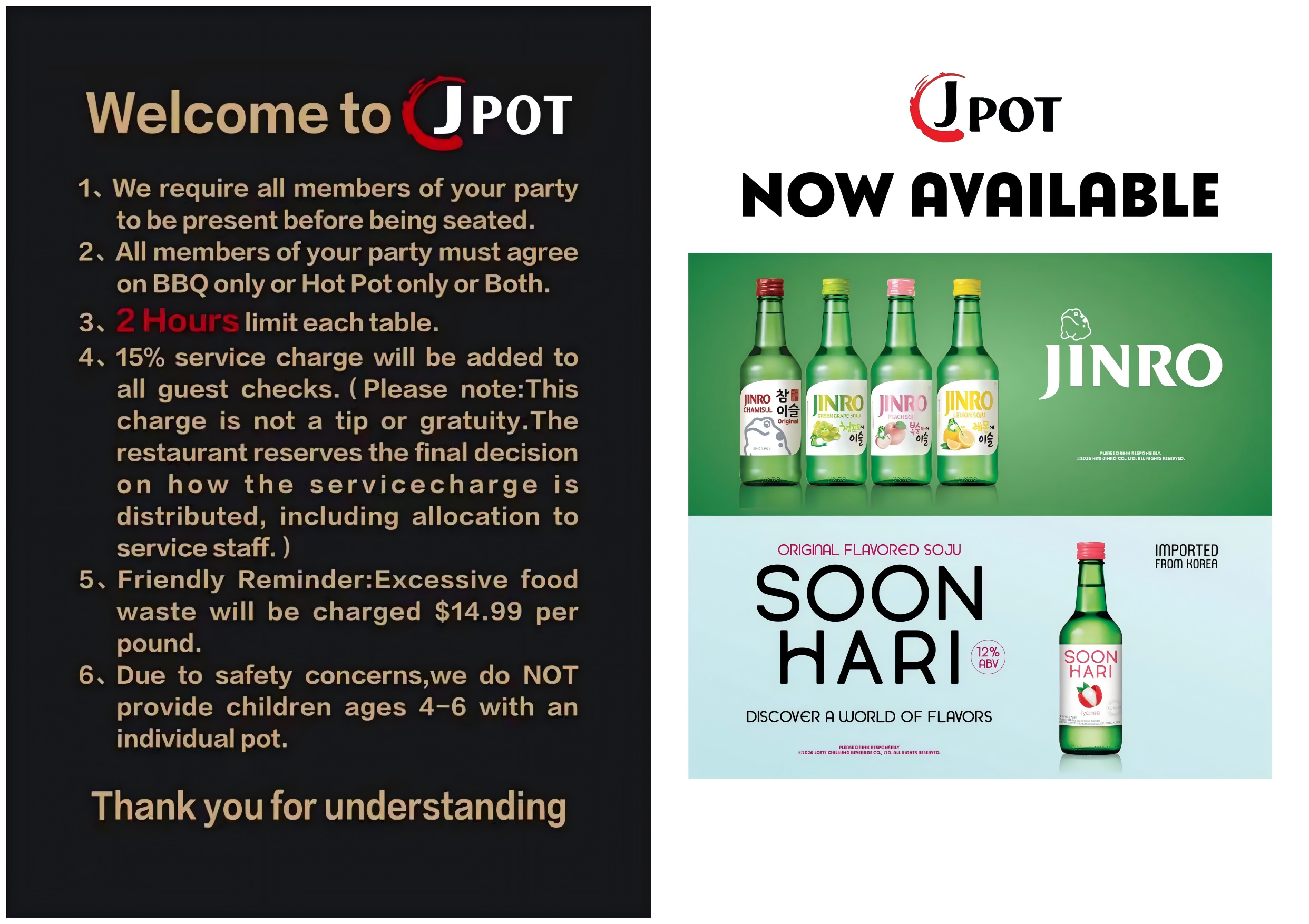 JPOT rules: all guests present, BBQ or hotpot, 2-hour limit, 15% service charge, $14.99/lb waste; Jinro 12% soju now available.