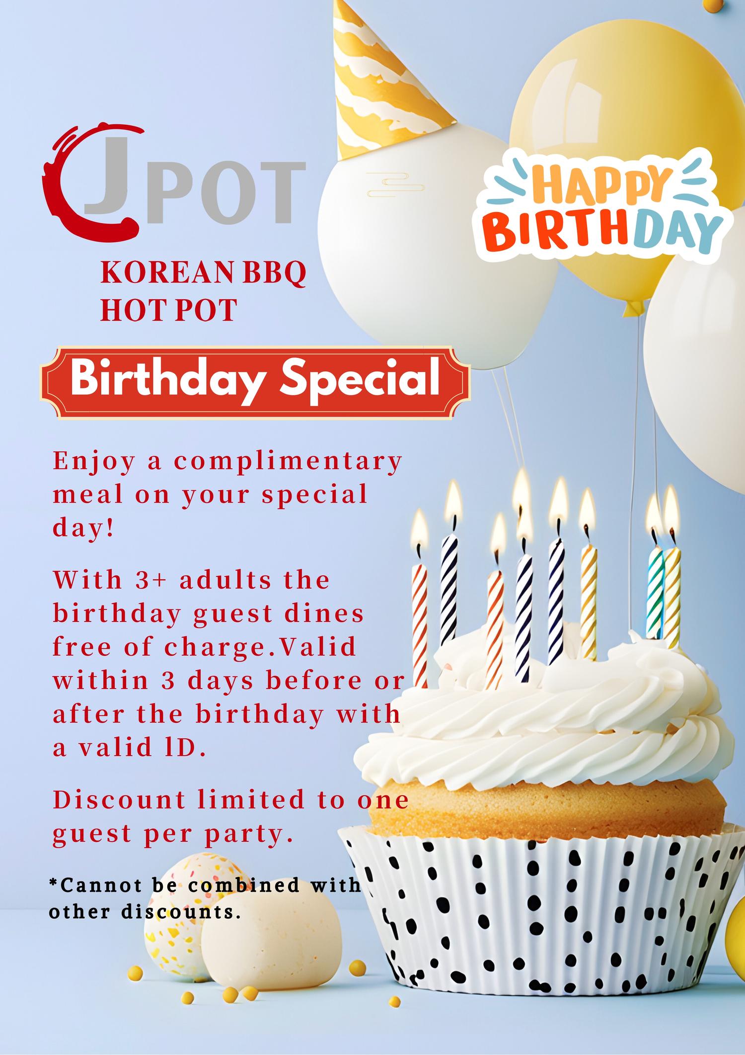 Upot BBQ birthday special with free meal for birthday guest, valid with 3+ adults.