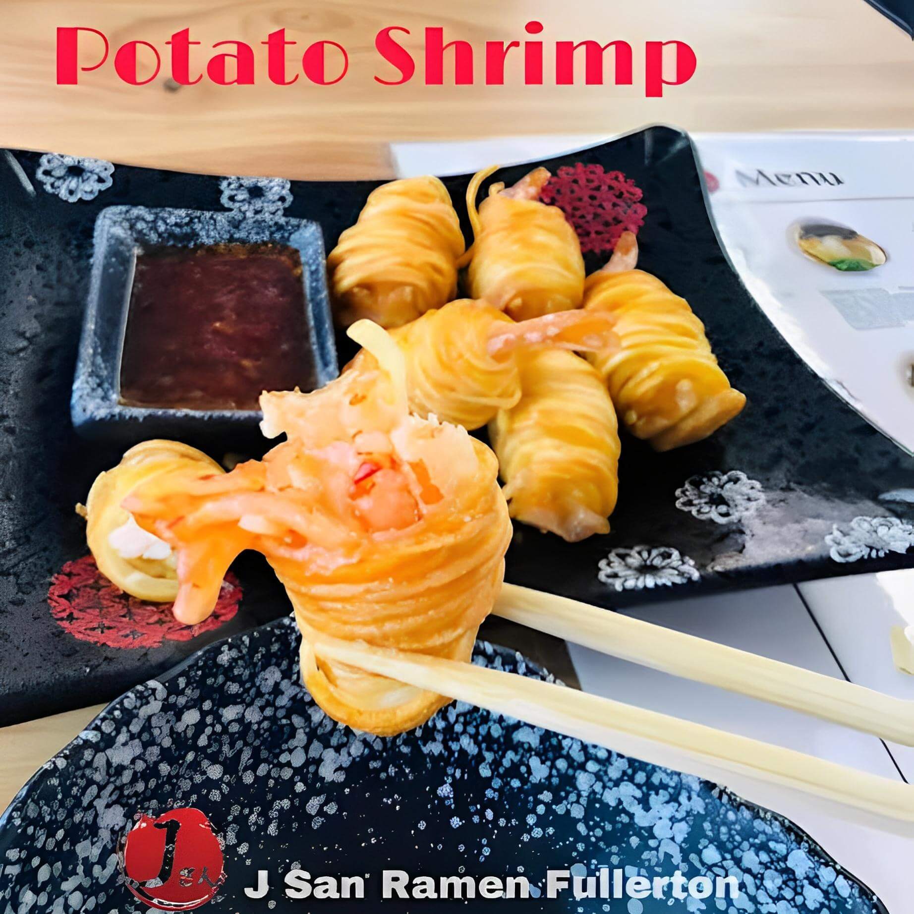 Crispy potato shrimp rolls served with dipping sauce at J San Ramen Fullerton, a Japanese Restaurant in Fullerton