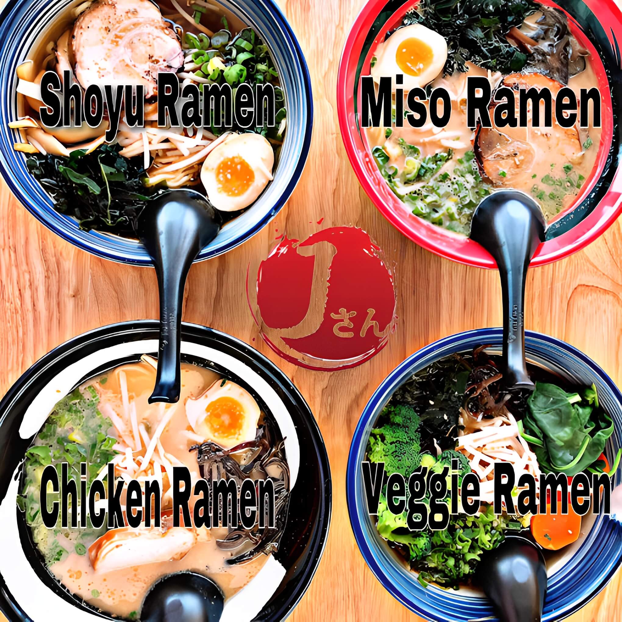 Assorted ramen platter with shoyu, miso, chicken and veggie ramen at J San Ramen Fullerton, a Japanese Restaurant in Fullerton