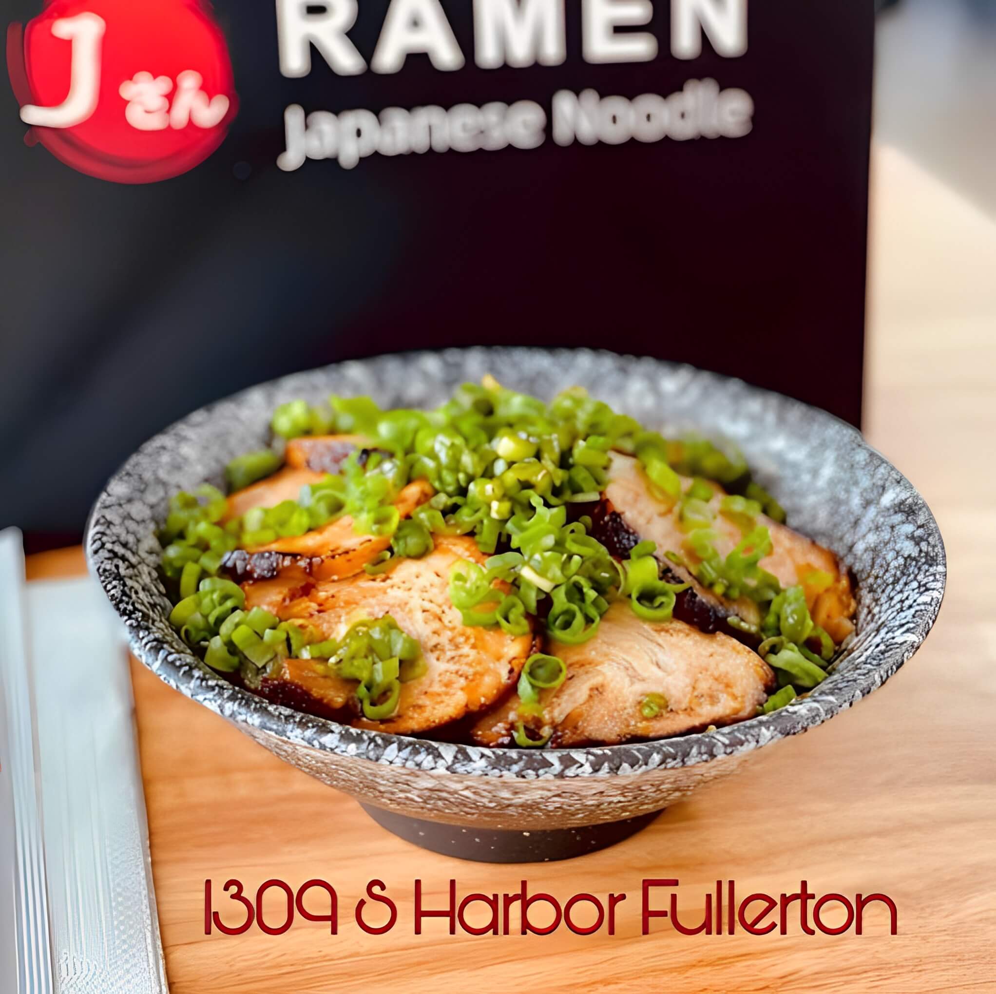 Pork bowl topped with generous scallions at J San Ramen Fullerton, a Japanese Restaurant in Fullerton