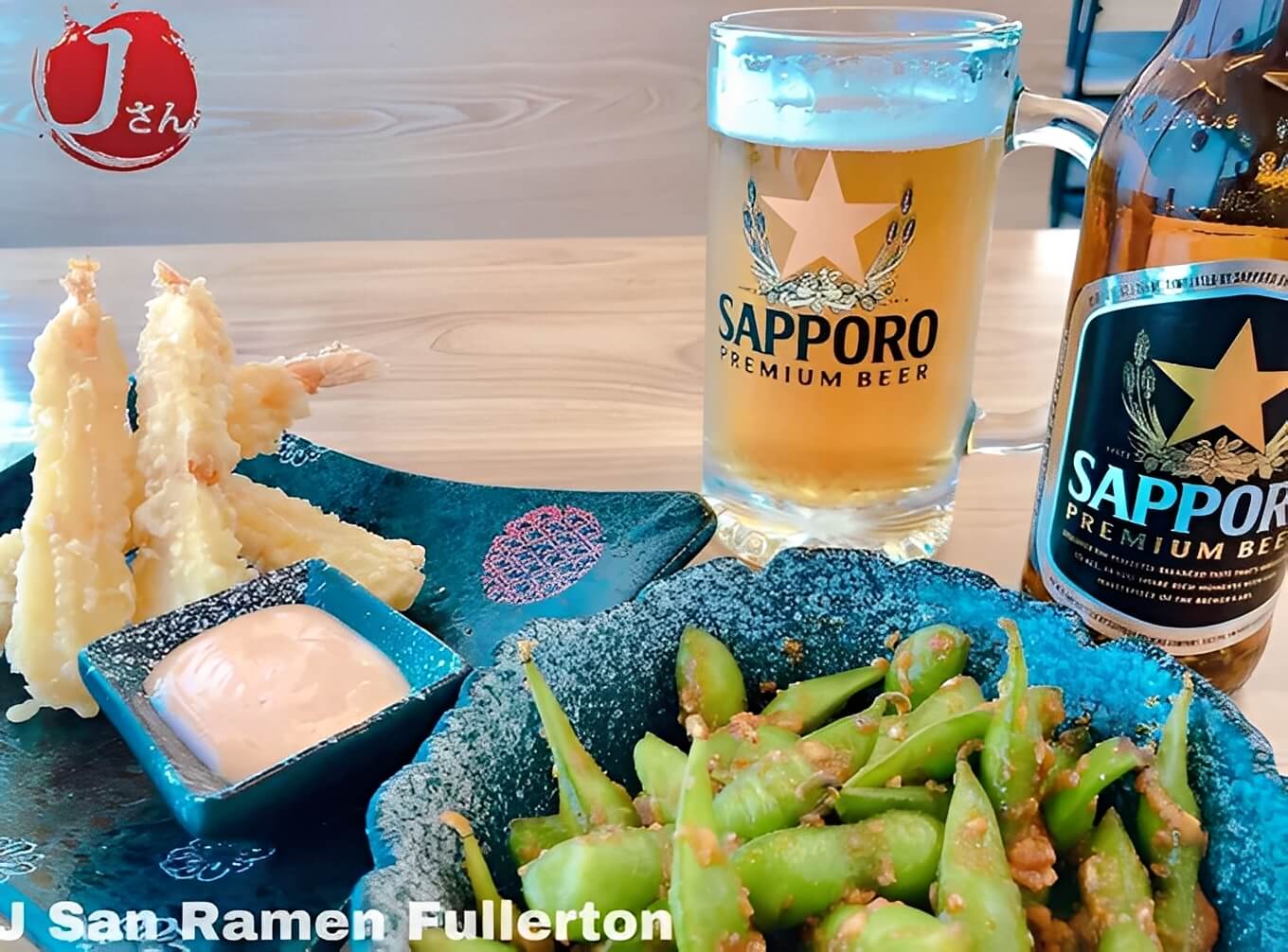 Shrimp tempura and seasoned edamame with Sapporo beer at J San Ramen Fullerton, a Japanese Restaurant in Fullerton