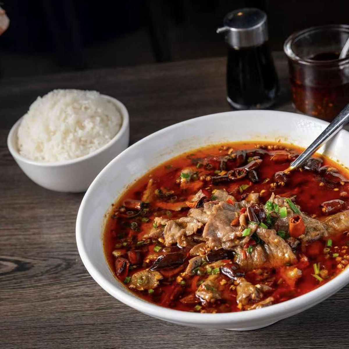 Sichuan boiled fish in red chili oil at J'S Chinese Cuisine, a Chinese Restaurant in Pasadena
