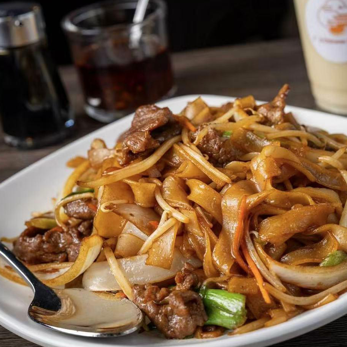 Beef chow fun with wide rice noodles at J'S Chinese Cuisine, a Chinese Restaurant in Pasadena