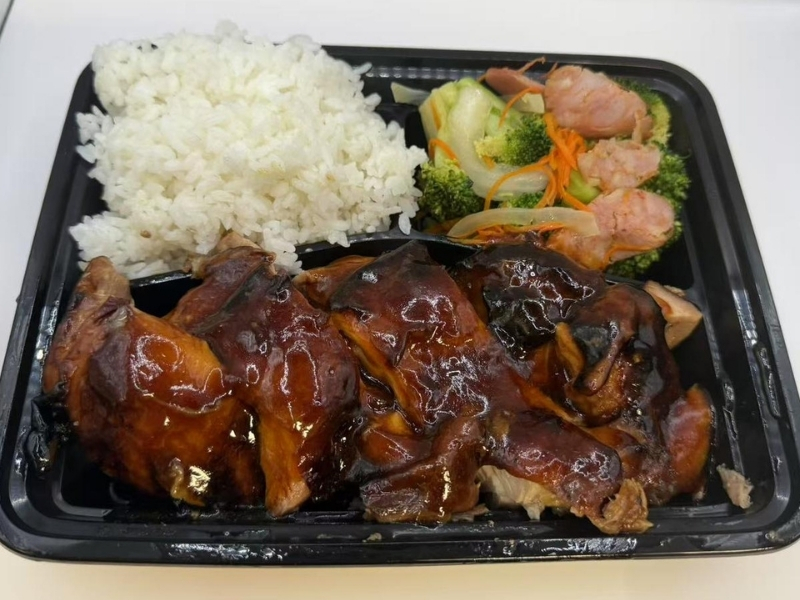J's-Snacks-and-Tea-Snack-bar-Grill-Chicken-Leg-with-House-Special-Sauce-Bento-Berkeley Grilled chicken leg in special sauce, with rice and veggies at J's Snacks and Tea, a Snack bar in Berkeley.
