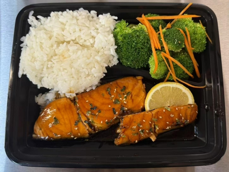 J's-Snacks-and-Tea-Snack-bar-Pan-Fried-Salmon-with-House-Special-Sauce-Bento-Berkeley Pan-fried salmon in special sauce, with rice and veggies at J's Snacks and Tea, a Snack bar in Berkeley.