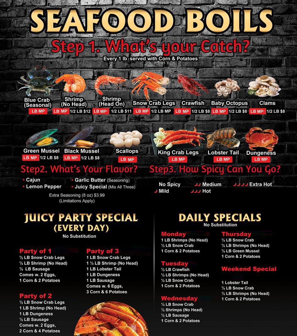 Juicy Seafood & Bar restaurant main menu cover or first page of dining menu