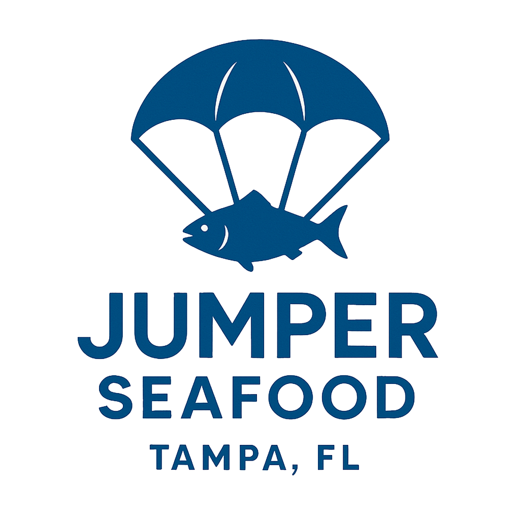 Logo of JUMPER SEAFOOD, featuring a blue fish with a parachute above it, and the text “JUMPER SEAFOOD TAMPA, FL” below.