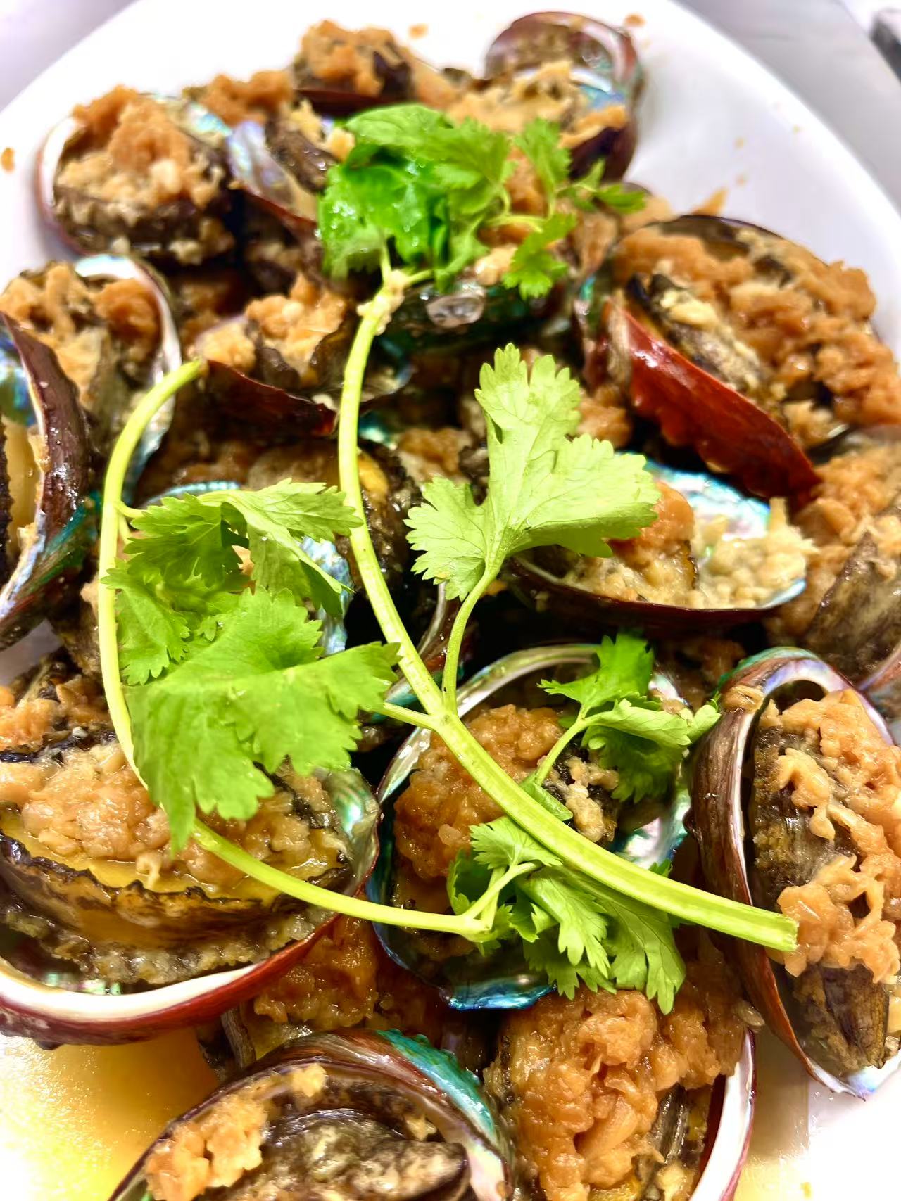 Abalone Dish - Abalones topped with minced ingredients and garnished with cilantro at JW Asian Seafood Buffet, a Buffet restaurant in Long Island City
