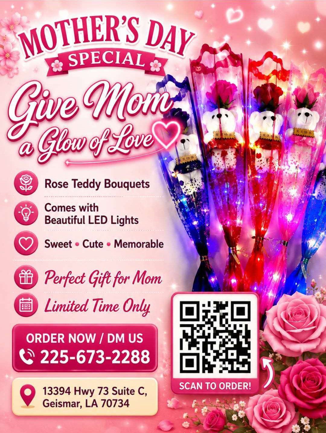 Mother's Day special ad: Rose Teddy Bouquets with glowing LED lights, sweet cute memorable perfect gift for Mom. Limited time.