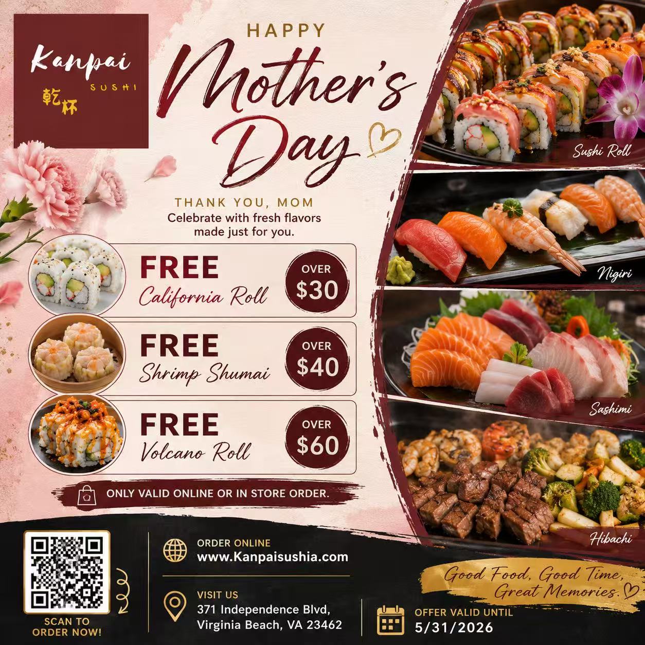 Mother's Day promotional flyer for Kanpai Sushi in Virginia Beach, offering a free California Roll (over $30), Shrimp Shumai (over $40), or Volcano Roll (over $60) for online or in-store orders through May 31, 2026.