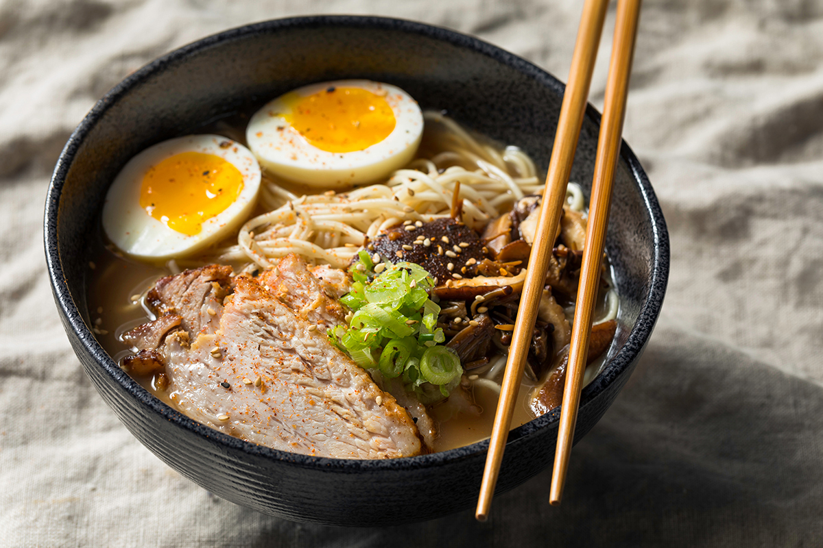 Ramen with sliced pork, soft-boiled eggs, mushrooms, and green onions