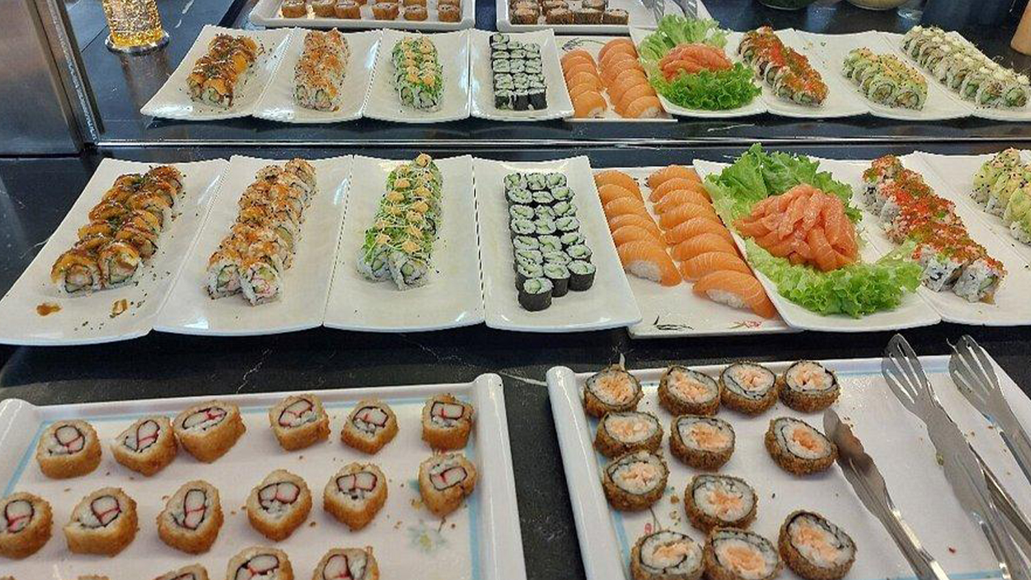 Katana-Buffet-Asian-Buffet-Restaurant-Canton Sushi Buffet Display with Fresh Rolls and Nigiri