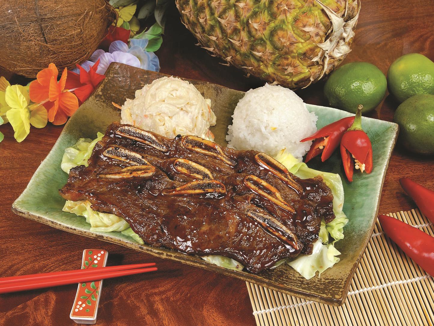 Kaua-Hawaiian-BBQ-Hawaiian-restaurant-Marinated-Short-Ribs-Set-Riverside Marinated Short Ribs Set Tender short ribs with rice and coleslaw at Kaua Hawaiian BBQ, a Hawaiian restaurant in Riverside