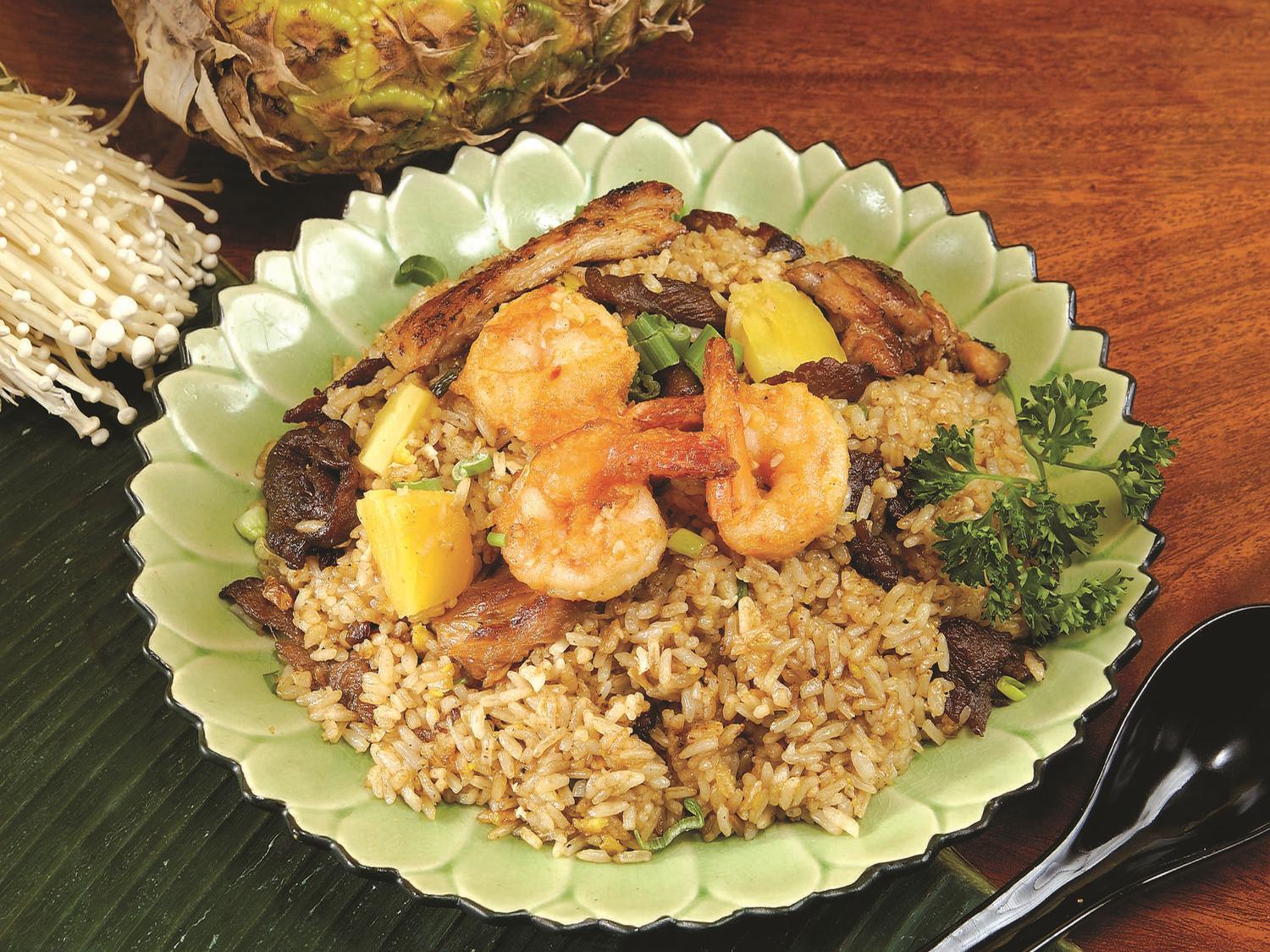 Kaua-Hawaiian-BBQ-Hawaiian-restaurant-Pineapple-Shrimp-Fried-Rice-Riverside Pineapple Shrimp Fried Rice Flavorful fried rice with shrimp and pineapple at Kaua Hawaiian BBQ, a Hawaiian restaurant in Riverside
