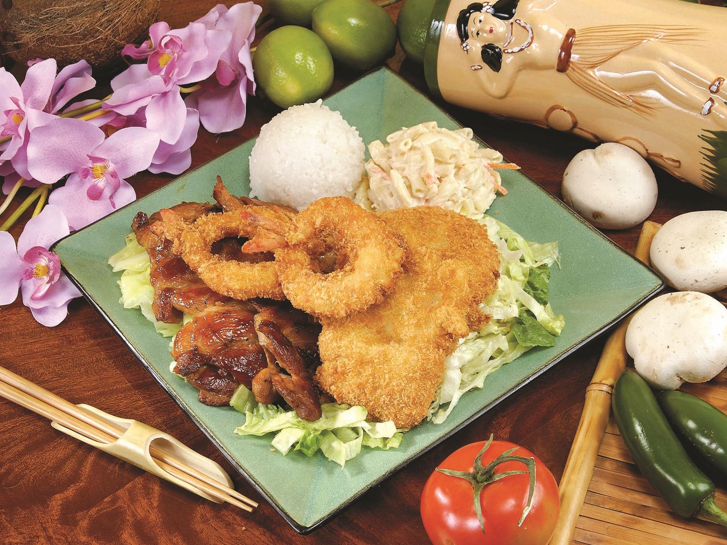 Kaua-Hawaiian-BBQ-Hawaiian-restaurant-Seafood-&-Chicken-Plate-Riverside Seafood & Chicken Plate Crispy shrimp, chicken, rice at Kaua Hawaiian BBQ, a Hawaiian restaurant in Riverside