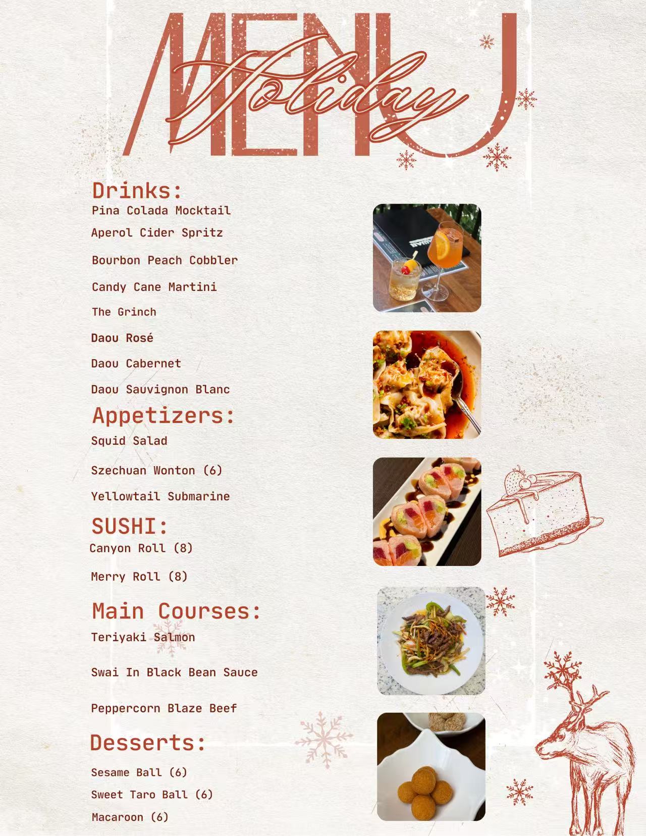 Menu: Drinks, appetizers, sushi, main courses, and desserts list.