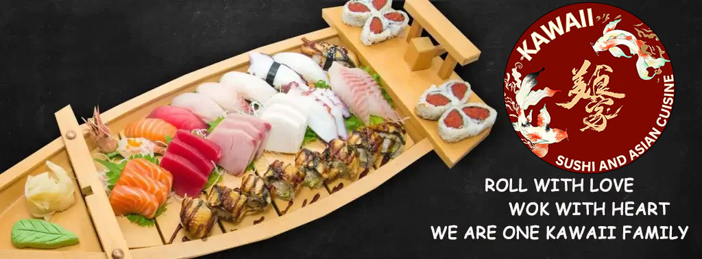 Wooden sushi boat platter with nigiri, sashimi, and rolls at Kawaii Sushi and Asian Cuisine