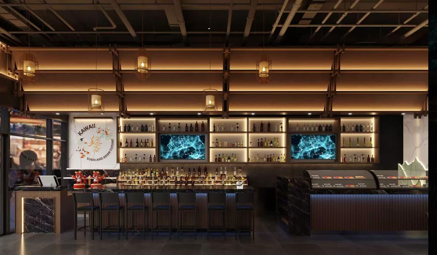Modern Japanese Asian Restaurant Interior with Bar and Sushi Counter