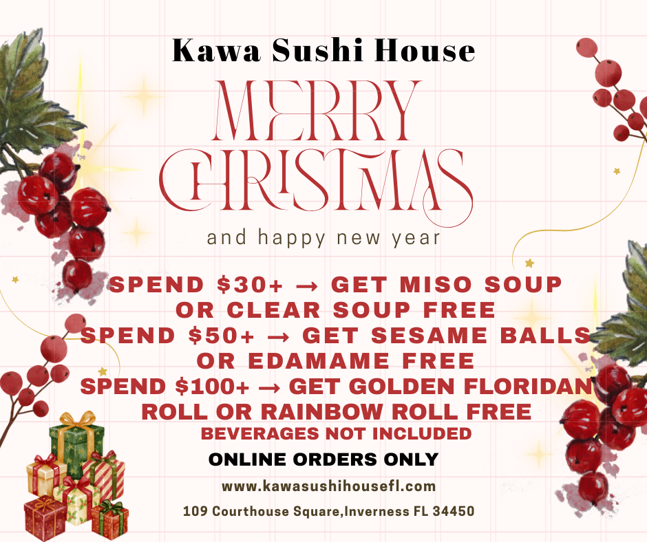 Kawa Sushi House holiday promotion: spend $30, $50, or $100+ to receive free items with online orders.